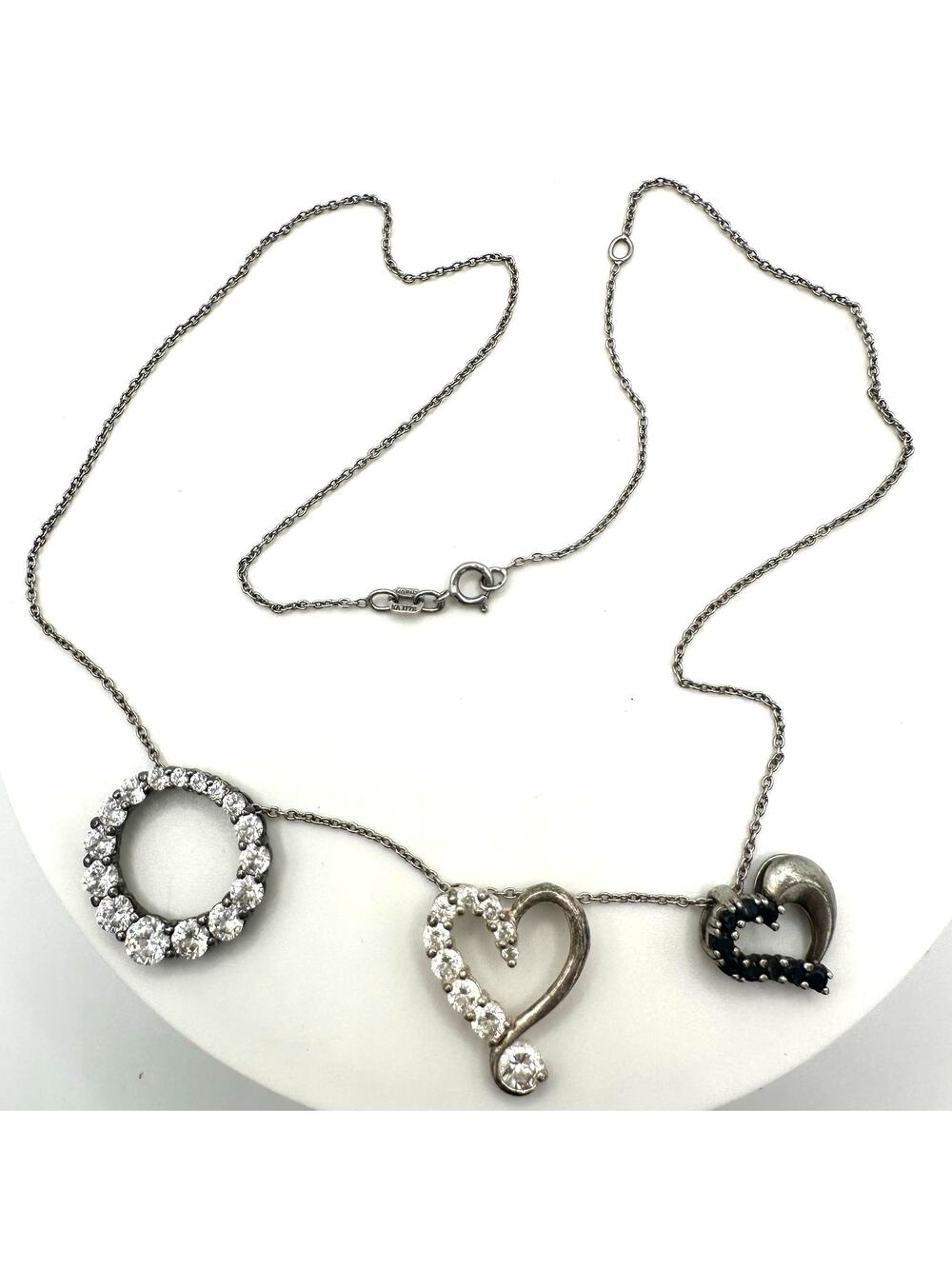 Vintage 925 sterling silver 3 cubic zirconia sapphire pendants chain necklace
